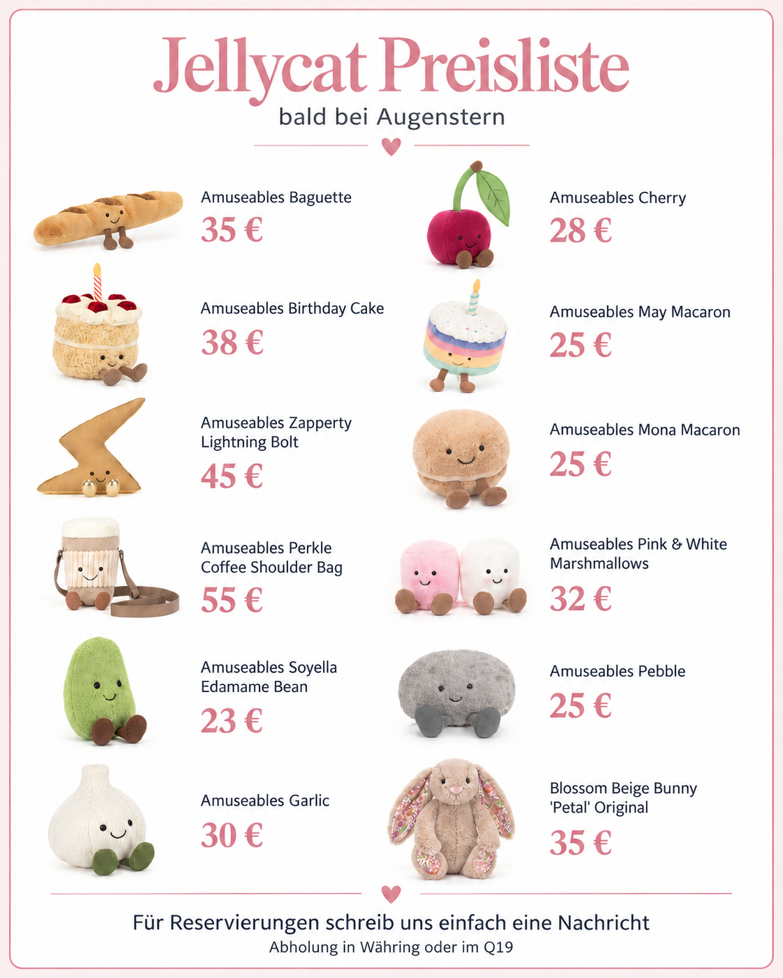 Rosa Jellycat Preisliste mit zwölf Neuheiten und Preisen